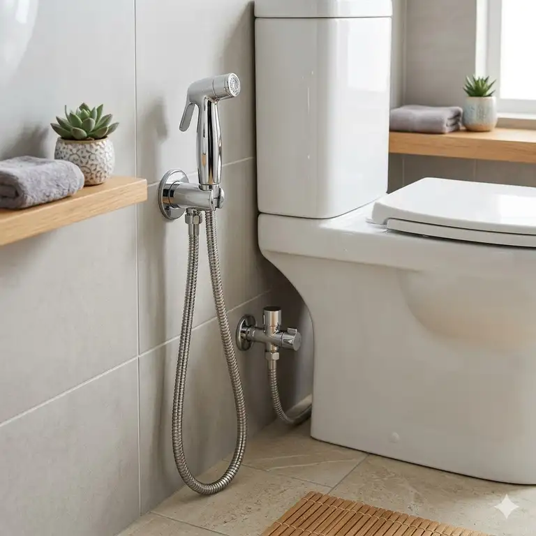 A sleek chrome hand toilet spray mounted on a bathroom wall next to a white ceramic toilet.
