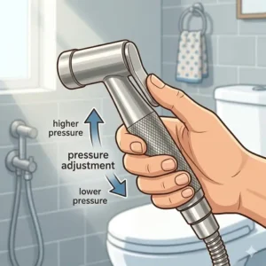 Close-up illustration showing how to control water pressure on a stainless steel cloth diaper rinser.