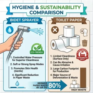 A hygiene comparison between using the best handheld bidet sprayer and traditional toilet paper for eco-friendly living.