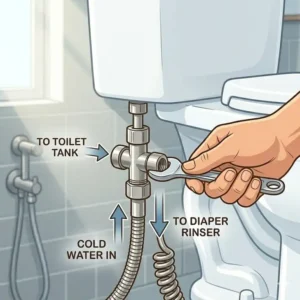 Technical diagram of a T-valve adapter used for connecting a cloth diaper rinser to the toilet water supply.