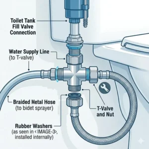 Technical diagram showing how to connect the best handheld bidet sprayer T-valve to the toilet water supply.