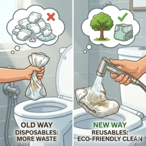 Graphic comparing the environmental benefits of using a cloth diaper rinser versus disposable products.
