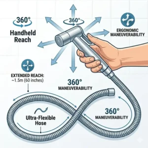 Infographic showing the 360-degree maneuverability and long reach of the best handheld bidet sprayer hose.