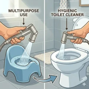 Illustration of a cloth diaper rinser being used for multipurpose cleaning tasks like rinsing a potty chair.