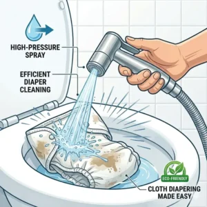Demonstration of using the best handheld bidet sprayer to easily clean cloth diapers over a toilet bowl.