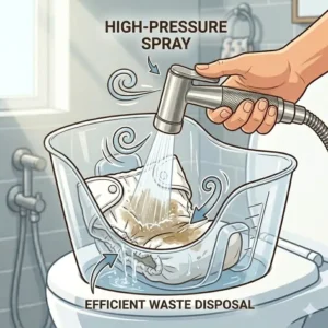 High-pressure spray from a cloth diaper rinser effectively removing waste from a reusable diaper.