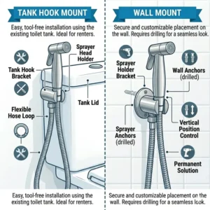 Comparison of wall mount and tank hook holder options for the best handheld bidet sprayer.