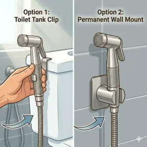 Two storage methods for a cloth diaper rinser including a toilet tank clip and a wall-mounted holder.