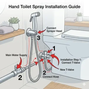 Technical illustration showing how to connect a hand toilet spray to the bathroom water supply valve.