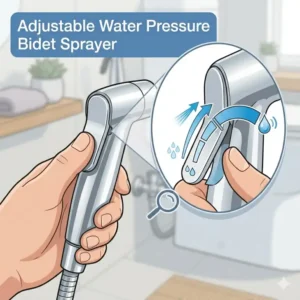 Close-up illustration of a hand toilet spray trigger demonstrating adjustable water pressure settings.