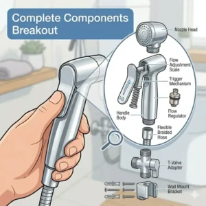 An exploded view of a hand toilet spray kit including the nozzle, stainless steel hose, and T-valve adapter.