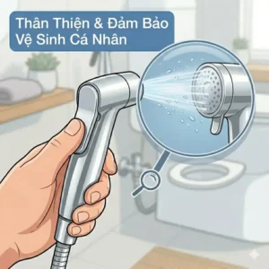 Illustration of a hand toilet spray being used for gentle personal cleansing and bathroom hygiene.