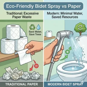 Comparative graphic showing a hand toilet spray as a sustainable alternative to excessive toilet paper use.