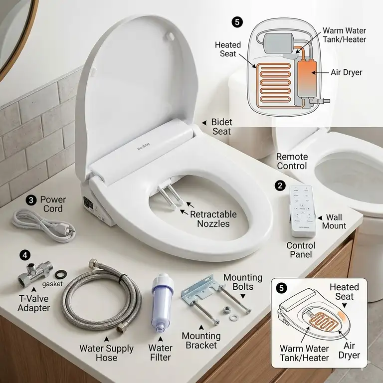 A comprehensive professional display of various bidet parts including the seat, nozzles, and installation kit.