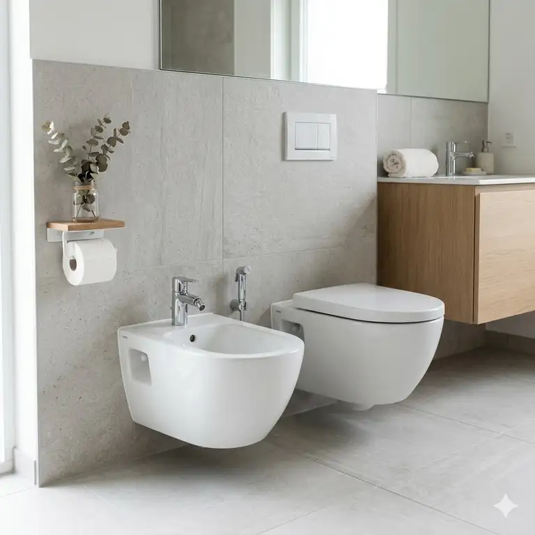 A sleek ceramic wall mounted bidet installed in a modern minimalist bathroom.
