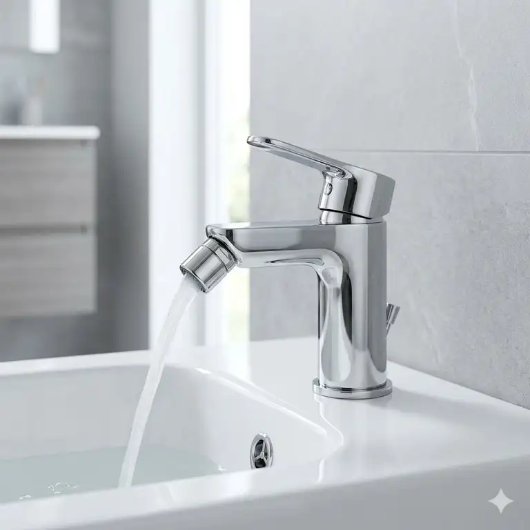 A contemporary chrome bidet faucet set installed on a white ceramic bidet in a brightly lit bathroom.