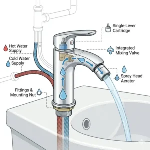 Technical illustration showing the step-by-step installation process of a dual-handle bidet faucet.