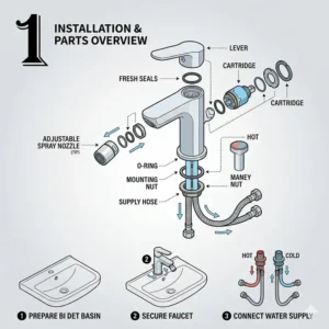 Illustration showing the components of a bidet faucet set including the mixer valve, handles, and pop-up drain.