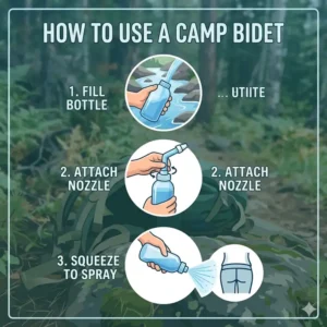 An instructional step-by-step graphic showing how to fill and use a camp bidet for outdoor hygiene.