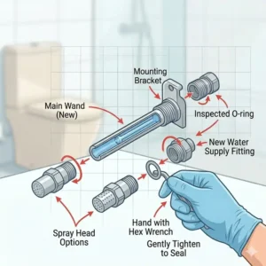 Detailed diagram to help users identify all necessary components for a successful bidet nozzle replacement.