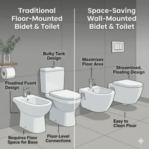 Comparison showing how a wall mounted bidet saves floor space versus a traditional model.