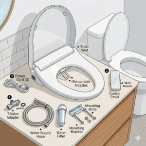 Detailed diagram of water supply connections and T-valve bidet parts for bathroom setup.