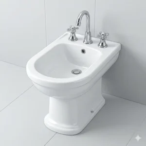 Floor-mounted ceramic bidet plumbing fixtures with a polished chrome faucet.
