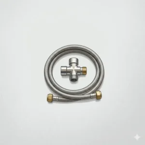 Close-up of a stainless steel T-valve connector used for bidet replacement parts.