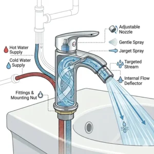 Close-up illustration of the adjustable nozzle on a bidet faucet demonstrating a gentle water flow pattern.
