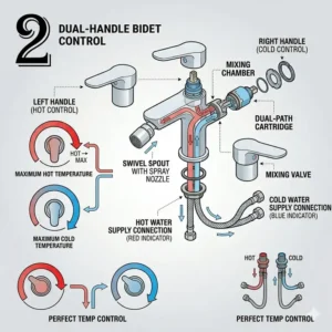 Close-up illustration of a dual-handle bidet faucet set demonstrating hot and cold water temperature control.