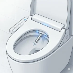 An electronic smart toilet seat showing integrated bidet plumbing fixtures and controls.