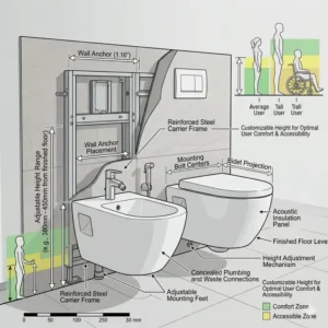 Technical diagram showing the ergonomic installation height for a wall mounted bidet.