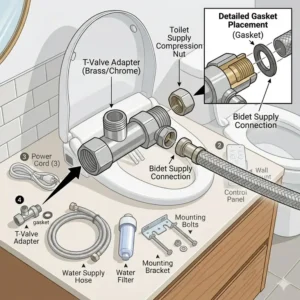 Close-up view of retractable dual wash nozzles as essential bidet parts for hygiene.