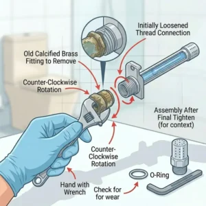 Step-by-step instruction showing the proper technique for removing an old part during bidet nozzle replacement.