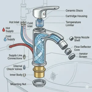 Exploded view diagram labeling the internal ceramic disc cartridge and handles of a high-end bidet faucet.