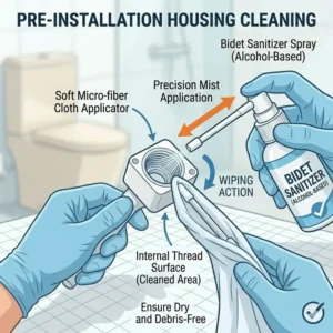 A close-up view focusing on cleaning the internal housing before completing the bidet nozzle replacement.
