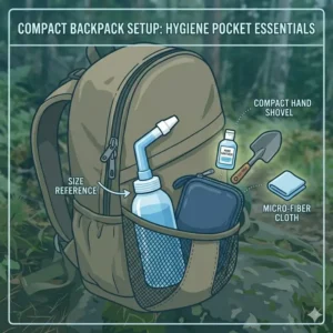 A size reference illustration showing a compact camp bidet tucked into the side pocket of a hiking backpack.