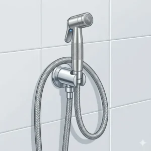 Stainless steel handheld sprayer bidet plumbing fixtures mounted on a bathroom wall.