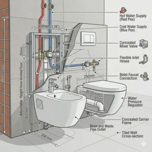 A cutaway view of the concealed steel support frame for a wall mounted bidet.
