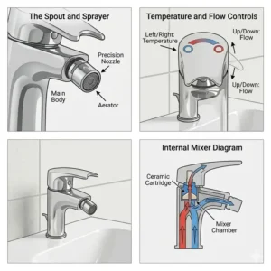 A step-by-step graphic guide showing how to properly install bidet tapware on a standard unit.
