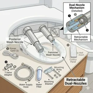 Electronic interface and wireless remote control bidet parts with temperature settings.