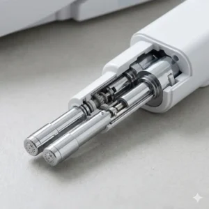 Retractable dual nozzle component from a set of replacement toilet bidet parts.