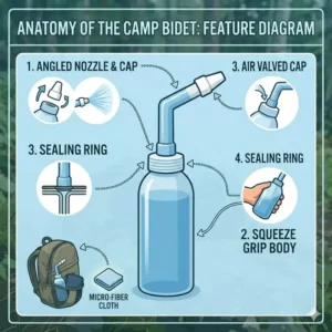 A detailed technical diagram showing the nozzle and squeeze bottle components of a standard camp bidet.