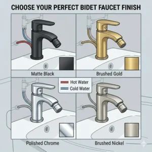 A comparison layout showing a bidet faucet in matte black, brushed gold, and stainless steel finishes.