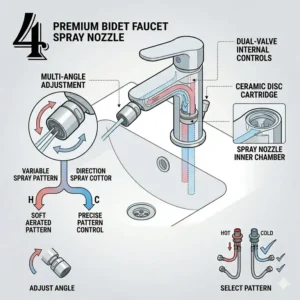 Detailed view of an adjustable spray nozzle on a premium bidet faucet set.