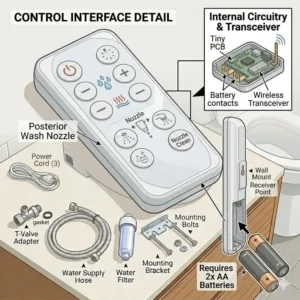 Technical illustration of mounting brackets and bolt bidet parts for secure toilet attachment.