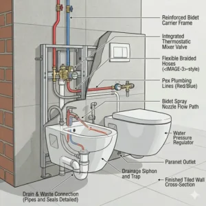 Illustration of the internal plumbing and water connection points for a wall mounted bidet.
