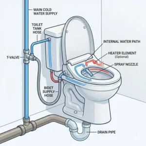 A technical diagram illustrating the water supply lines for bidet plumbing fixtures.