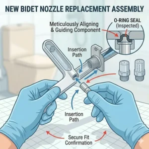 High-quality illustration demonstrating how to securely install the new bidet nozzle replacement into the wand.