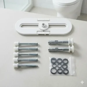 Plastic mounting plate and bolts kit for installing replacement toilet bidet parts.